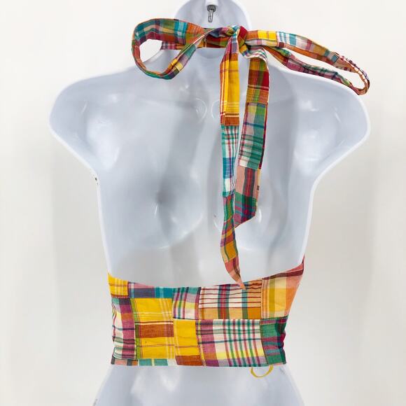 Staud x Birkenstock Womens Kai Halter Top 4 Yellow Madras Patchwork Plaid NWOT - Picture 6 of 11